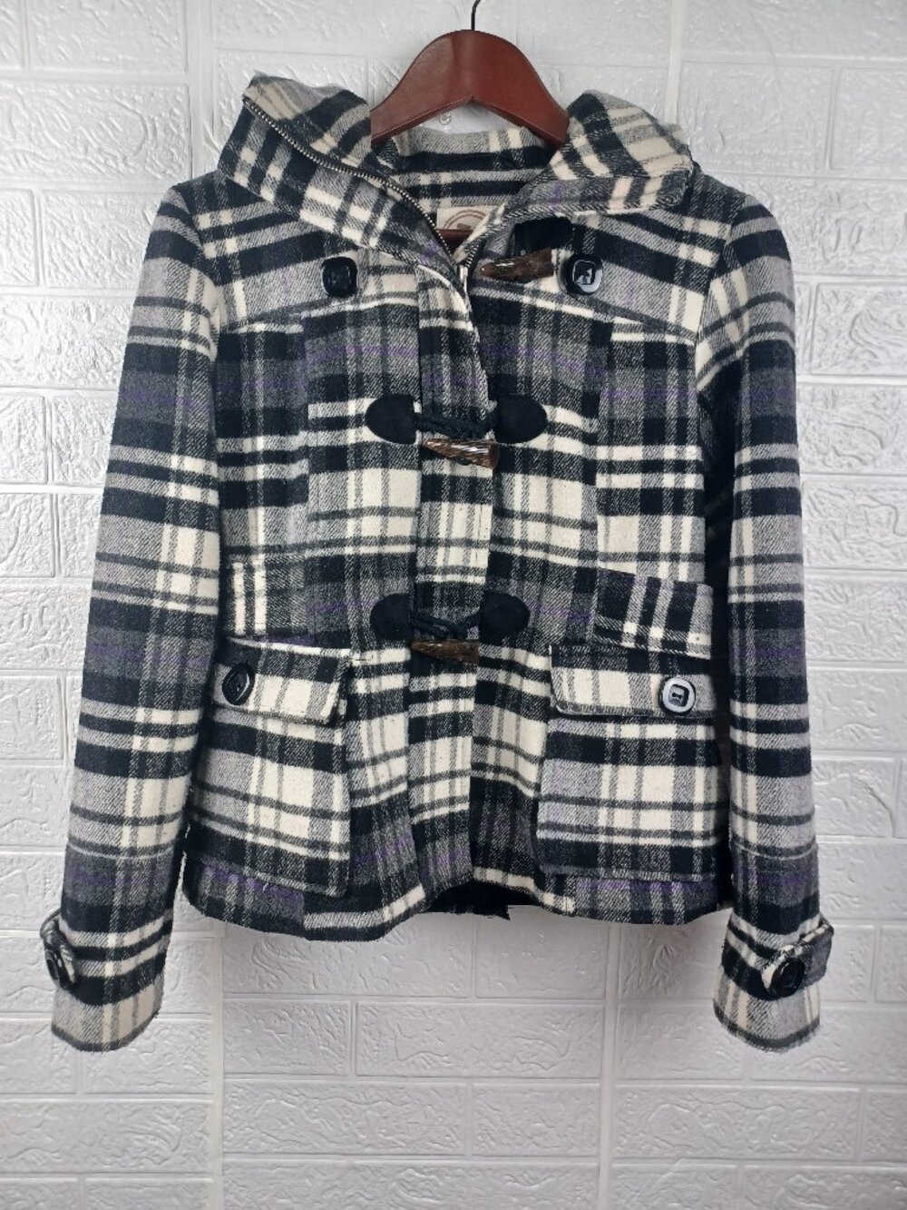 Hydraulic Plaid Wool Blend Toggle Duffle Coat Hooded Black White Sz S